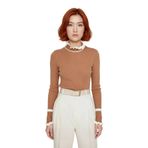 Kadın Triko Fitted Kalıp Dik Yaka Fitilli Renk Bloklu Uzun Kollu Kazak Günlük Tarzın Modern Hali -Camel-S