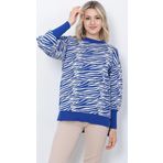 Kadın Triko Kazak Bisiklet Yaka Zebra Desenli Oversize Yırtmaçlı Saks Mavi