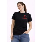 Kadın Türkiye Ay Yıldız Baskılı Taraftar Forma T-Shirt - Siyah