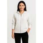 Kadın Üç İplik Kapüşonlu Tam Fermuarlı Kanguru Çepli SweatShirt Hoodie - Beyaz