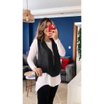 Kadın Uzun Kol Asimetrik Kesim Viskon Bluz ve Çatlak Deri Görünümlü Fermuar Detaylı Yelek Ikili Takım - Beyaz - Regular Fit