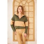 Kadın Uzun Kol Fermuarlı Polo Yaka Color Block Basic Salaş Sweatshirt Bluz 3471210 Haki- Bej 38