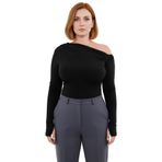 Kadın Uzun Kollu Asimetrik Yaka Polyester Bluz Sandy Dokuma Günlük Tarz Büzgülü Tasarım Kaliteli_Siyah-4XL