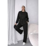 Kadın Uzun Kollu Bisiklet Yaka Belden Büzgülü Bağcıklı Viskon Iki Iplik Bluz Ve Pantolon Ikili Takım - 2XL-3XL - Siyah