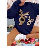 Kadın Uzun Kollu Bisiklet Yaka Geyik Desenli Viskon Iki Iplik Bluz 2XL-3XL
