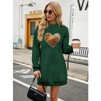 Kadın Uzun Kollu Bisiklet Yaka Kalp Desenli Viskon Iki Iplik Bluz 2XL-3XL