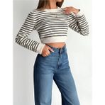 Kadın Uzun Kollu Çizgili Crop Triko Kazak - Standart - Beyaz