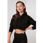 Kadın Uzun Kollu Crop Kesim Siyah Kapüşonlu Sweatshirt