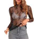 Kadın Uzun Kollu File Top Mock Neck Çiçekli Dantel Şeffaf Bluz Hafif Üst File Tişört, Siyah, Einheitsgröße