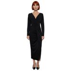 Kadın Uzun Kollu Kruvaze Yaka Bodycon Drape Detaylı Örme Sandy Dokuma Maxi Abiye Elbise Kaliteli-Siyah-40