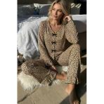 Kadın Uzun Kollu Leopar Desenli Fiyonklu Ev Giyim Pijama Takımı
