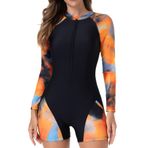 Kadın Uzun Kollu Rash Guard Mayo Gömlek Tam Kaplama UPF 50+ Sörf Atletik Mayo Mütevazı Fermuarlı Mayo, Siyah+batik renk, S