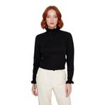 Kadın Uzun Kollu Regular Kesim Dik Yaka Ajur Desenli Bağcıklı Triko Kazak Kışlık Basic Stil -Siyah-S