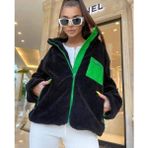 Kadın Uzun Kollu Renkli Cep ve Fermuar Detay Peluş Mont - Ekru - XL