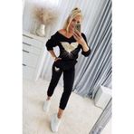 Kadın Uzun Kollu V Yakalı Desenli Viskon Iki Iplik Bluz Ve Pantolon Ikili Takım - 2XL-3XL - Siyah