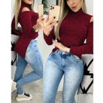 Kadın Uzun Kollu Yarım Balıkçı Yaka Omuzları Açık Bir Tarafı Yırtmaçlı Yumoş Bluz