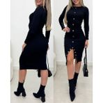 Kadın Uzun Kollu Yırtmaçlı Düğme Detaylı Midi Kaşkorse Elbise - Siyah - 2XL - 3XL