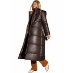 Kadın Uzun Şişme Mont, Kahverengi, Kapüşonlu, Kemerli, Fermuarlı, Puf Mont s m l xl