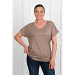 Kadın V Yaka Büyük Beden T-Shirt 1486-23 - Vizon - 7XL