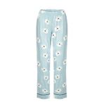 Kadın V Yaka Çiçek Desenli Ara Biyeli Uzun Kollu Pamuklu Pijama Takımı Mavi-Beyaz S
