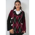 Kadın V Yaka Desenli Triko Kazak 15933 - Bordo - Standart