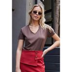 Kadın V Yaka Kısa Kol Likralı Span Kumaş Şık T-shirt Bluz-Kahve