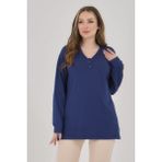 Kadın V Yaka Likralı Büyük Beden Orta Yaş Anne Penye Bluz - 2XL - 3XL - Koyu İndigo