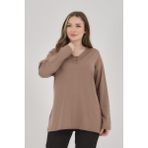 Kadın V Yaka Likralı Büyük Beden Orta Yaş Anne Penye Bluz - Açık Vizon - 2XL - 3XL