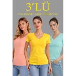Kadın V Yaka Tişört Kısa Kol Slim Fit T-Shirt 3'Lü Set Toz Pembe-Sarı-Turkuvaz