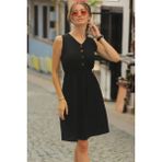 Kadın V Yakalı Önden Düğme Detay Beli Lastikli Keten Kısa Elbise - 2XL - 3XL - Siyah