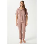 Kadın Vanessa Viskon Ön Düğmeli Kısa Kol Biyeli Pudra Alt Üst Pijama Takımı - XL