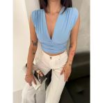 Kadın Vatkalı Kolsuz V Yaka Drapeli Crop Bluz Likralı Fit - Bebek Mavisi