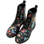 Kadın Vegan Deri Siyah Uzun Bot - Flowers & Birds Tasarım - Renkli