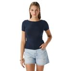 Kadın Velvet Kayık Yaka Lux Touch Yumuşak Doku Kısa Kol Lacivert Bluz XL