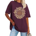 Kadın Vintage Çiçekli Bisiklet Yaka Tişört Yaz Büyük Boy Boho Kır Çiçeği Grafik Gevşek Tişörtler Kısa Kollu Günlük Üst Giyim, Şarap Kırmızısı, S