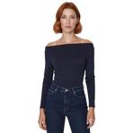 Kadın Viskon Esnek Kayık Yaka Uzun Kollu Fitted Bluz Düşük Kol Rahat Günlük Kombinler İçin_Lacivert-2XS