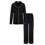 Kadın Viskon - Yumuşak Dokulu Düğmeli Biyeli Bol Paça Pijama Takımı Siyah S