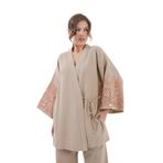 Kadın Vizon Kolları Payet Pul Nakışlı Keten Kimono Ceket ve Pantolon Alt/Üst Takım 21061