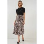 Kadın Vizon Leopar Desenli Saten Yüzeyli Beli Lastikli Midi Boy Etek HZL23S-BD1101471 - 40