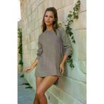 Kadın Vizon Premium Bambu Keten Kumaş Uzun Kollu İnci Süslemeli Terletmez Tunik-Bluz 700-3733368
