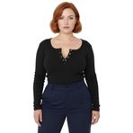 Kadın Vücuda Oturan Havuz Yaka Uzun Kollu Örme Crop Bluz Büyük Beden Casual Cool Konfor_Siyah-2XL