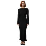 Kadın Vücuda Oturan Maxi Elbise Uzun Kollu Kayık Yaka Sırt Dekolteli Gofre Dokulu Kış Şıklığı-Siyah-XS