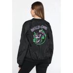 Kadın Wild One Baskılı Bomber Mont – Siyah Renk, Oversize Rahat Kalıp, Fermuarlı, Cepli, Günlük Şık Kapitone Mont - Siyah