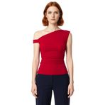 Kadın Yazlık Bluz Fitted Asimetrik Yaka Düşük Kol Dokuma Sandy Polyester Elastan Karışımı_Kırmızı-XL