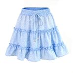 Kadın yazlık kısa etek, Boho etek, mini etek, çiçekli yazlık etek, fırfırlı ve çiçek desenli, yüksek bel sallanan plaj eteği, Açık mavi ve noktalar, S