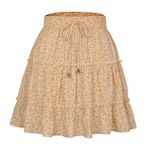 Kadın yazlık kısa etek, Boho etek, mini etek, çiçekli yazlık etek, fırfırlı ve çiçek desenli, yüksek bel sallanan plaj eteği, Bej 01, S