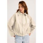 Kadın Yeni Sezon Oversize Bomber Deri Ceket - Beyaz