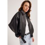 Kadın Yeni Sezon Oversize Bomber Deri Ceket - Siyah - XL