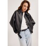 Kadın Yeni Sezon Oversize Bomber Deri Ceket - Siyah
