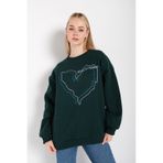 Kadın Yeşil Çizgili Kalp Baskılı Oversize Sweatshirt Yeşil